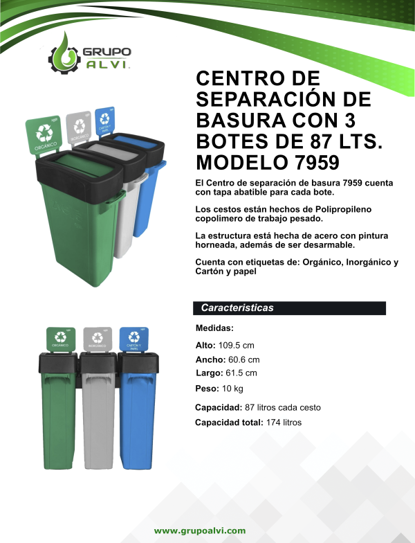 Centro de separación de basura con 3 botes de 87 lts.  Modelo 7959 - Imagen 6